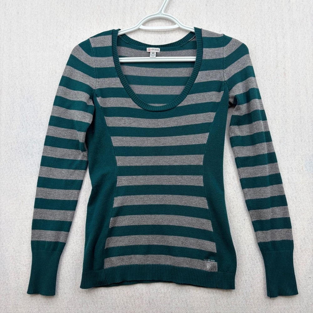 Guess Womens Teal Green Grey Striped Scoop Neck Long Sleeve Sweater Q53R04Z16J0